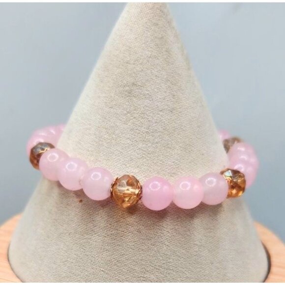 Pink Blush Quartz Beaded Bracelet With Gold Tone Bead Accents - Picture 3 of 5